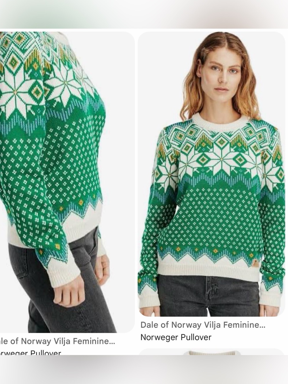 Dale of Norway Green Fair Isle Snowflake Crewneck Sweater